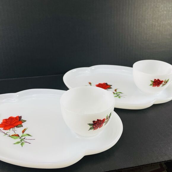 2 Sets Vintage Federal Milk Glass Rosecrest Decorative Snack Set Cup and Tray - Picture 1 of 10